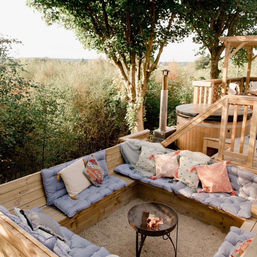 A sunken treehouse pit at Yurtshire, Yorkshire. 