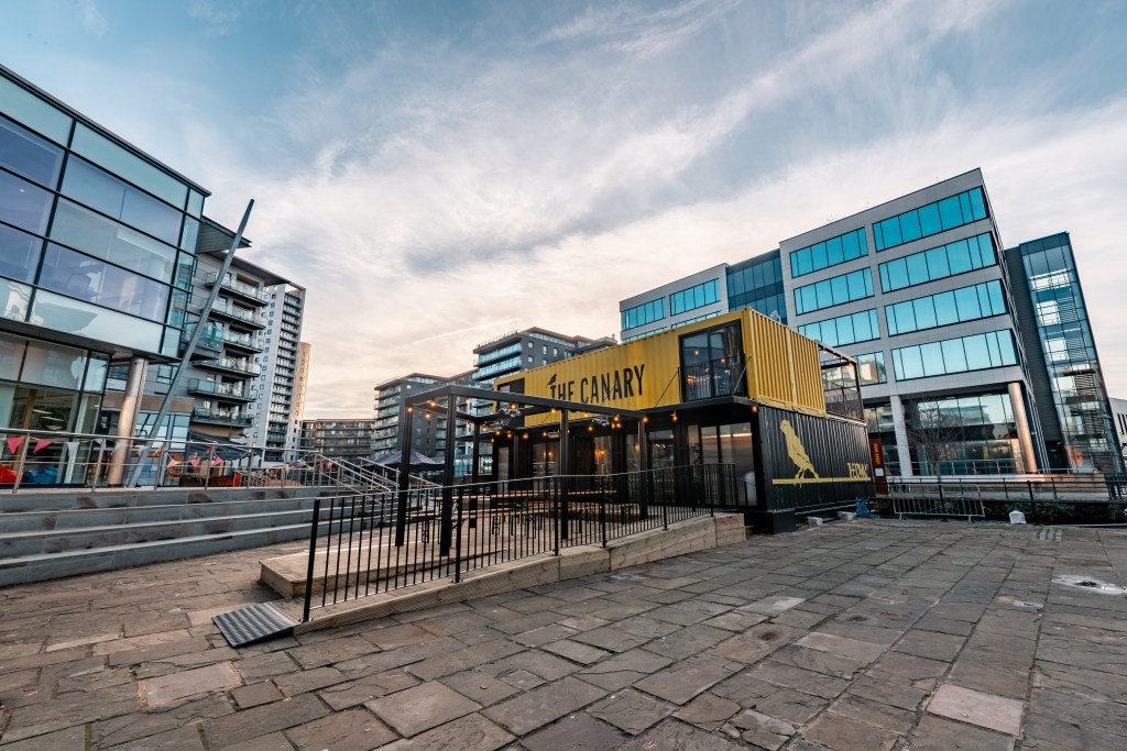 The exterior of The Canary bar on Leeds Docks. 