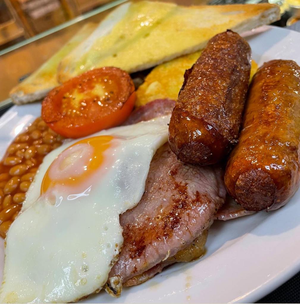 A close up of a full English breakfast at Robertshaw's Farm Shop in Yorkshire. 