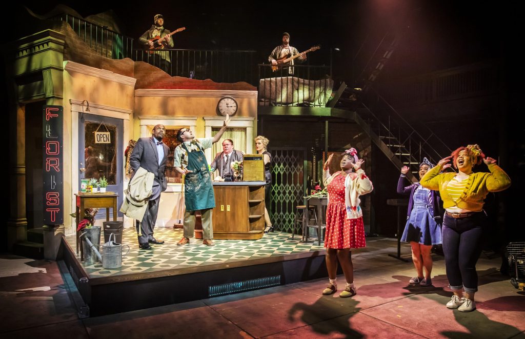 The full cast on stage for Little Shop of Horrors, UK tour.