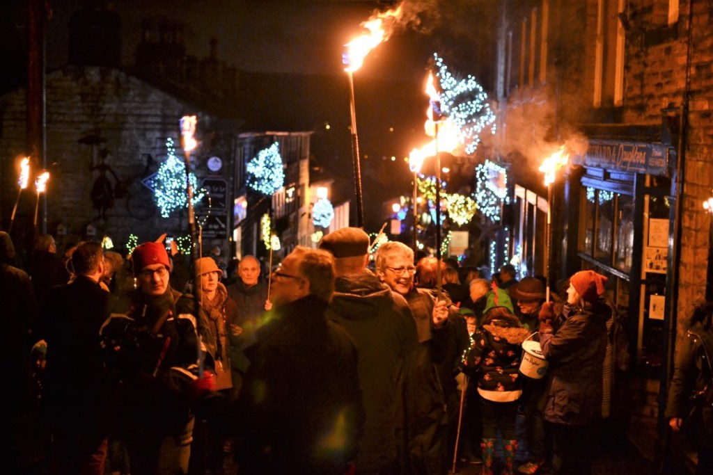 Torchlight Procession in Haworth at Christmas. 