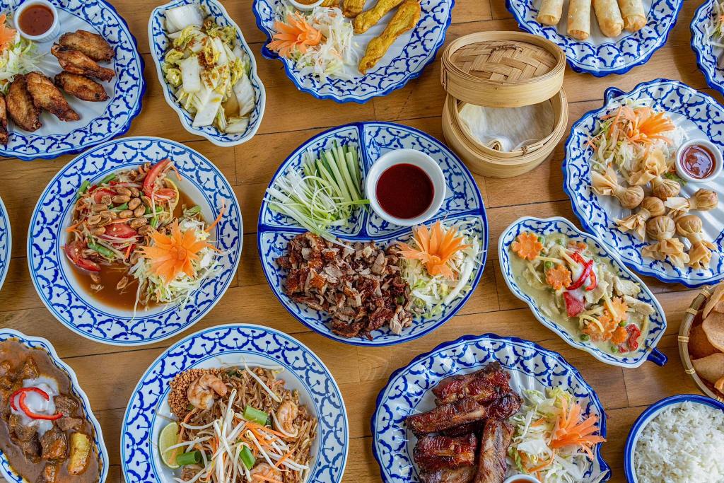 An array of Thai dishes taken bird's eye view. 