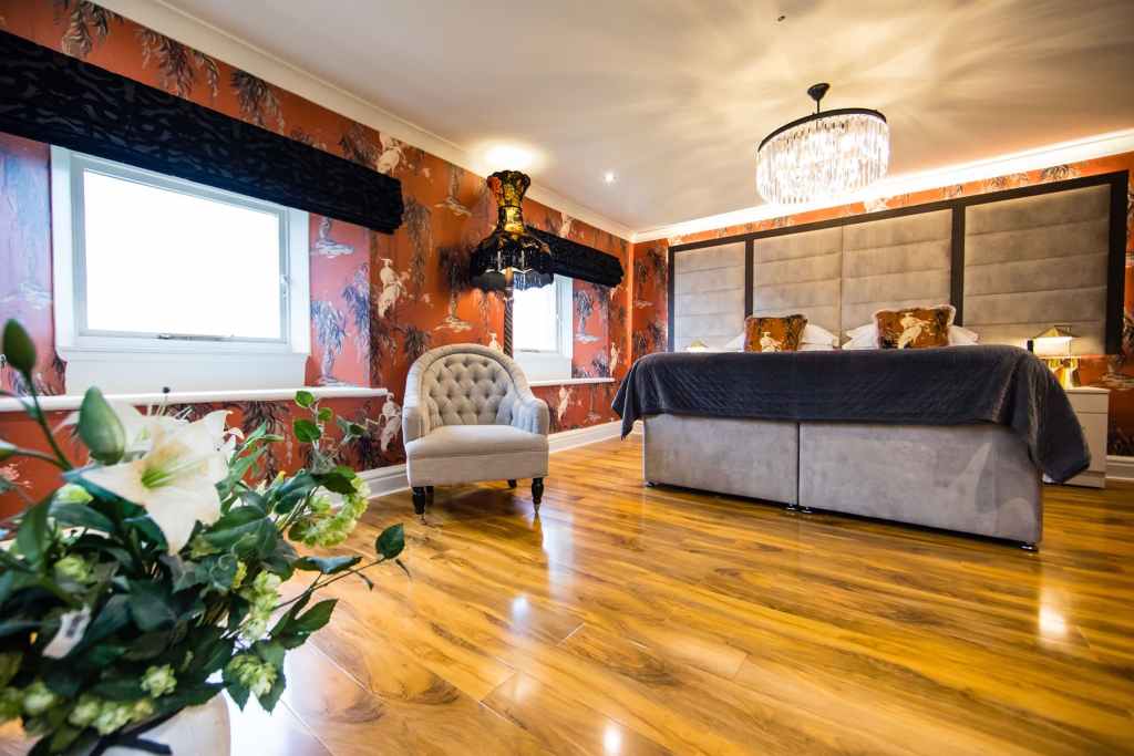 A contemporary bedroom at The Burgoyne, Reeth in the Yorkshire Dales. 