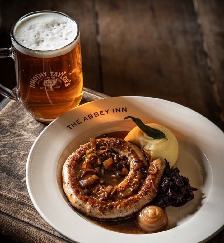 A classic fish of sausage and mash at The Abbey Inn, Byland. 