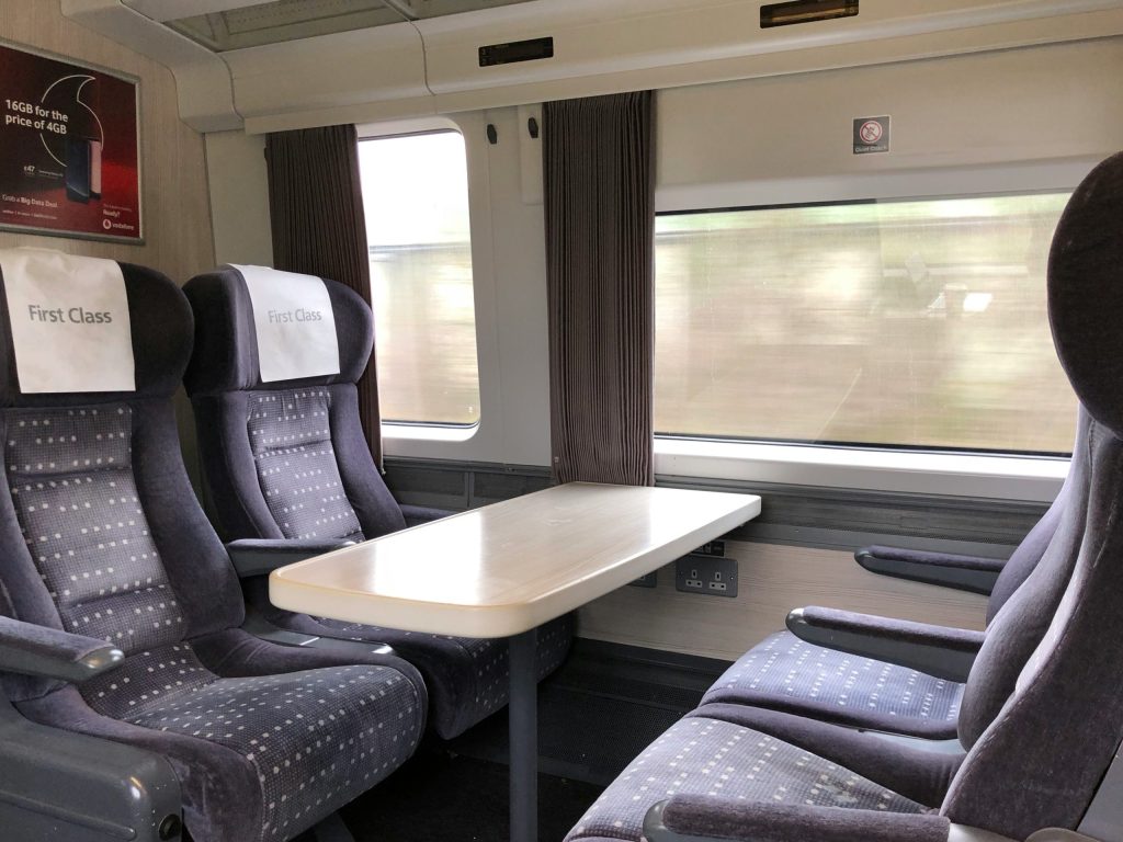 The interior of the First Class coach on a British train.