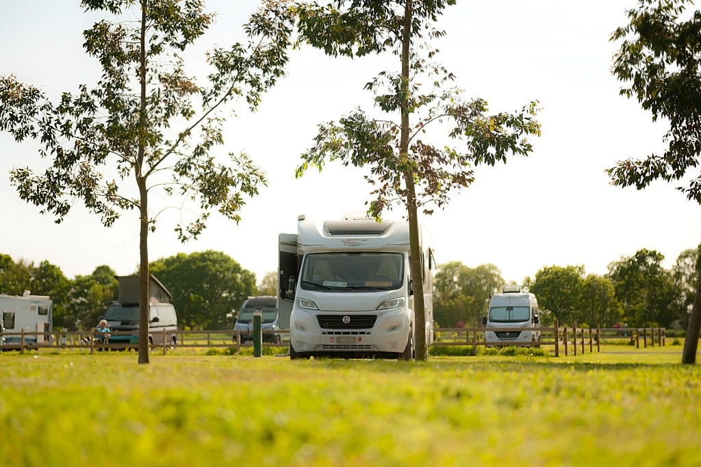 Camper vans parked up at Flaxton Meadows, Yorkshire.