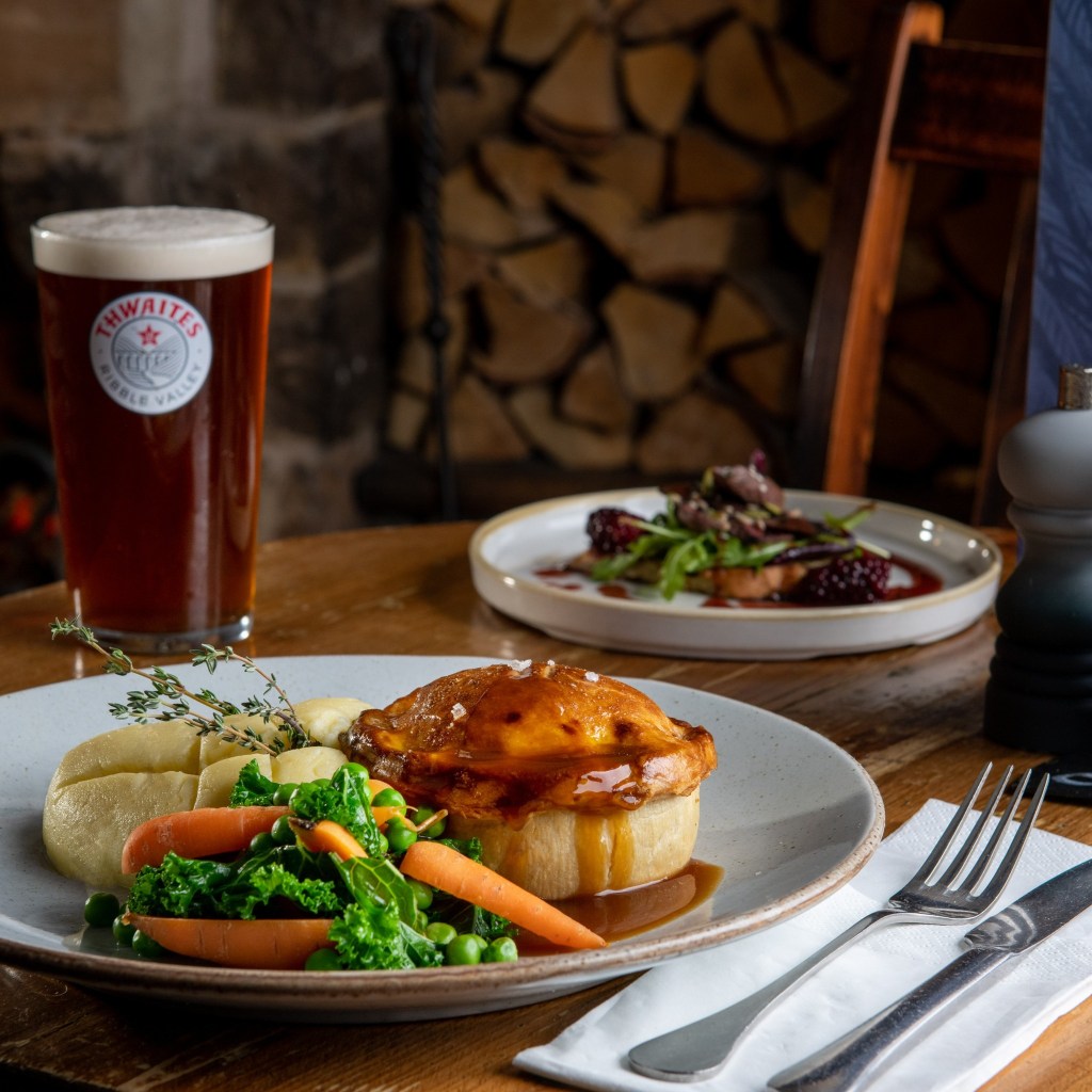 A pie served on a table at The Lister Arms, Malham. 