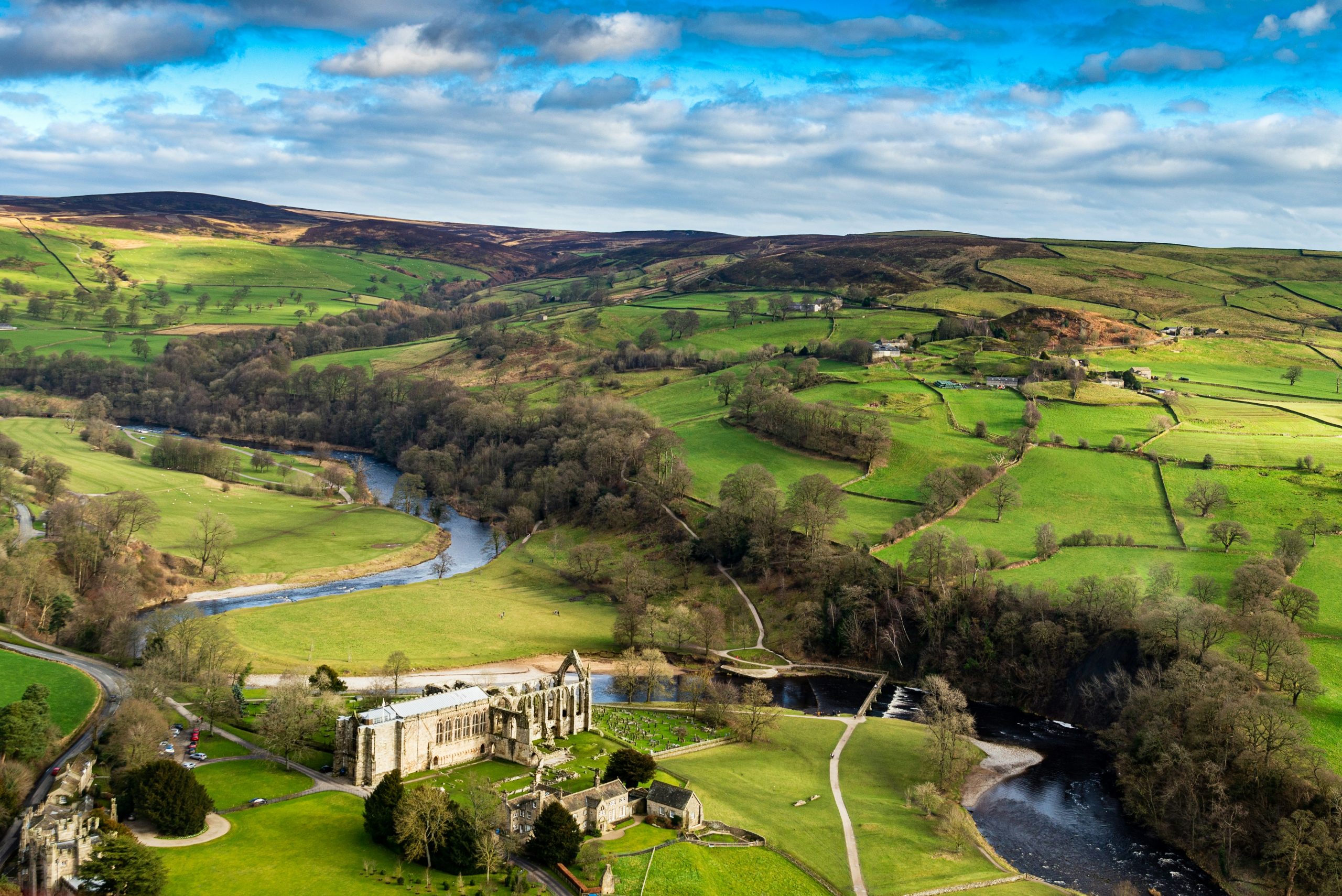 Birds eye view of Bolton Abbey. 