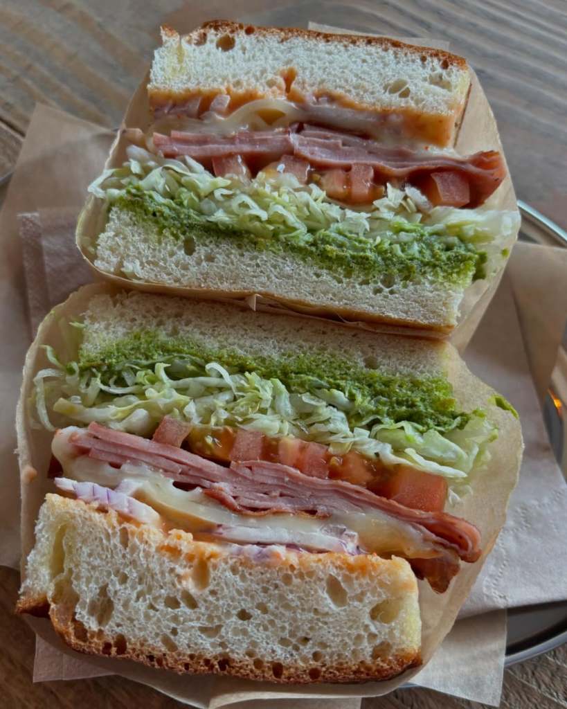 A close up of a foccacia sandwich at Mary's Sandwich Shop in Sandsend.
