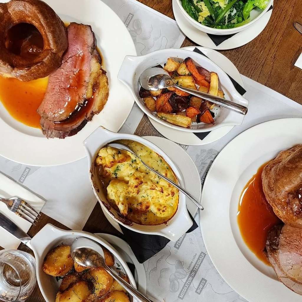 Aerial view of a Sunday roast served at The Saddle Room, Yorkshire Dales. 