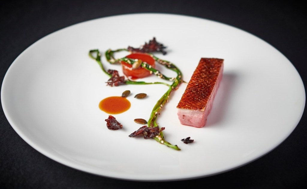 A close up of one of Michael Wignall's dishes at The Angel at Hetton.